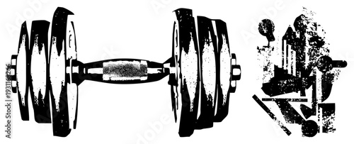 Weightlifting dumbbells with textured grips, gym gear collage, fitness tools, strength training equipment, black and white vector graphic.