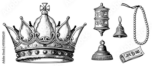 Ornate crown with scrollwork, prayer wheel, bells, and rosary beads inscribed with Sanskrit, hand drawn vintage style, spiritual symbols, religious.