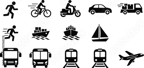 Transportation and logistics icons set vector illustration, shipping delivery symbols, travel vehicle silhouettes for global freight and passenger movement design,