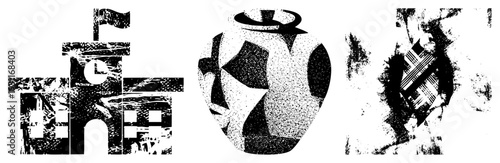 Stylized black and white shapes with halftone texture, abstract composition, graphic design elements, vector art, modern minimalism, fragmented forms, aesthetic.