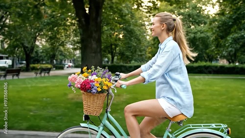 Woman Riding Bicycle with Flowers Park.