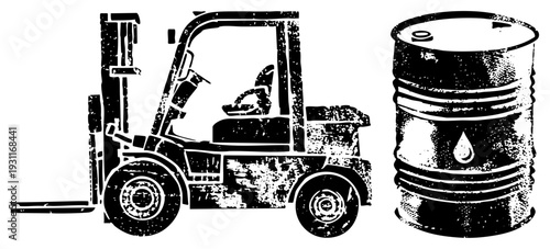Black and white vector illustration of forklift and oil barrel, industrial machinery, warehouse equipment, gritty halftone style, warehouse logistics.