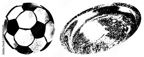 Black and white halftone soccer ball with pentagon hexagon panels, alongside textured fingerprint, vector art, isolated graphic elements.
