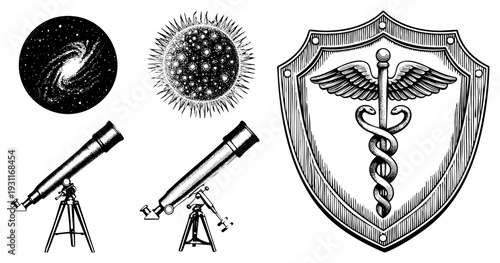 Vintage style telescope observing cosmos, spiral and sunburst, medical caduceus emblem on shield, halftone vector illustrations.