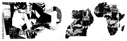 Stylized fragmented African map with halftone textures, graphic art, vector silhouette, cultural motifs, design, geopolitical representation, artistic abstraction.