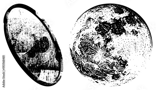 Vector illustration of moon surface and crater, celestial body, lunar terrain, space graphic, halftone, astronomy art.
