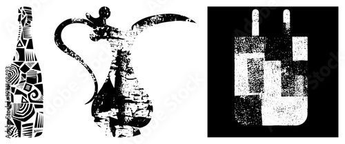 Stylized black and white vector of bottle, hookah, and plug, rendered in fragmented halftone, graphic design elements, abstract shapes.