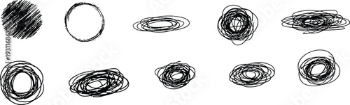 Hand drawn scribble circle set with rough sketch rings. Abstract ink doodle shapes with textured strokes. Isolated graphic elements ideal for highlighting, marking and creative design projects. 