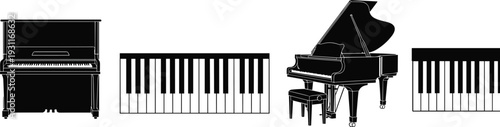 Upright piano and grand piano vector illustration, black and white musical instrument artwork, piano keys drawing, classical music design concept