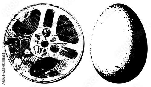 Hand drawn film reel with scratches and film canister, cinematic storage, analog film equipment, black and white vector art, gritty texture, motion artifacts.