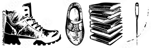 Black and white vector of hiking boot, traditional Dutch clog, stacked books, and sewing, stylized with halftone texture and gritty ink effect.