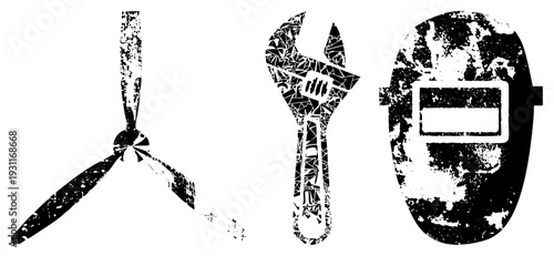 Distressed black and white vector wind turbine, wrench, welding helmet. Gritty, fragmented style. Industrial tools renewable energy symbols.