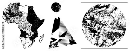 Black and white vector illustration of Africa map with textured halftone, shaped silhouette, and celestial orb, graphic design elements for cultural or educational use.