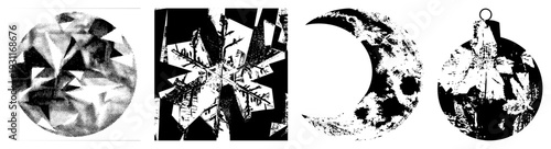 Black and white graphic with fragmented shapes, halftone texture, geometric abstraction, stylized forms, vector art, design, isolated elements.