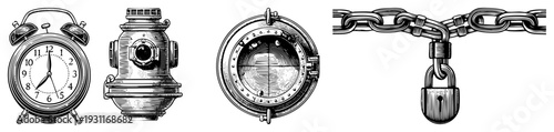 Classic alarm clock with bells, fire hydrant nozzle, ship porthole window, heavy chain and padlock, engraved art, isolated vector.