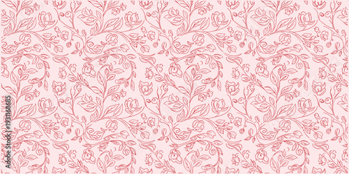 Seamless pink floral vine pattern with intricate leaves and blossoms. Elegant botanical decorative design in dense repeating layout. Romantic vintage background ideal for wallpaper, fabric and surface