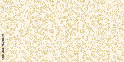 Seamless beige floral vine pattern with intricate leaves and blossoms. Elegant botanical decorative design in dense repeating layout. Soft classic background ideal for wallpaper, fabric and surface .
