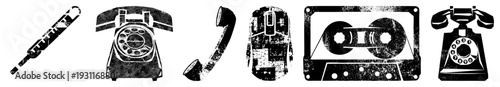 Retro tech symbols including rotary phone, computer mouse, cassette tape, and analog devices, stylized with halftone texture and vector precision for nostalgic digital design.