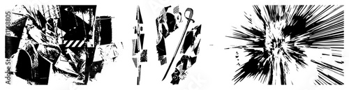 Bold halftone, fragmented shapes, dynamic radial bursts, graphic design motifs, vector art, comic book splash, stylized composition.