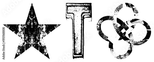 Distressed black symbols with gritty texture five pointed star, serif T, Celtic knot rings ideal for vintage branding or graphic design projects.