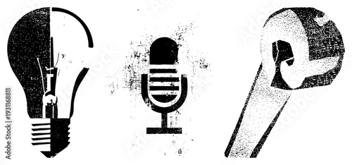 Light bulb representing innovation, vintage microphone for, wrench for repair all in gritty halftone vector art. Design elements idea, communication, mechanics.