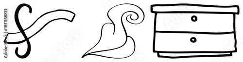 Hand drawn decorative swirls and vintage dresser, artistic art, sketch style vector graphics, design elements, typography embellishments.