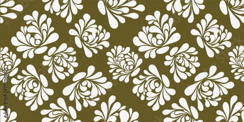 Seamless olive green floral ornamental pattern with cream blossoms. Elegant vintage decorative design on earthy background. Repeating classic texture ideal for wallpaper, fabric .