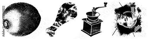 Black and white halftone illustrations of fruit, chicken leg, manual grinder, and abstract circular glyph. Vintage screen printed vector art with stippled texture and bold.