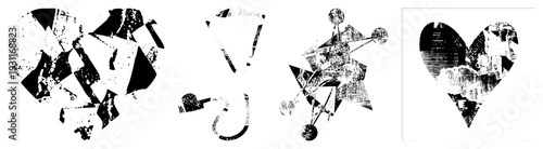 Fragmented heart shapes with halftone and grainy textures, graphic art, vector design, isolated symbols, composition, stylized emotion, broken heart motif.