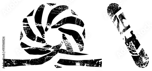 Black and white stylized volleyball and shoe print, distressed texture, sport, athletic symbols, vector graphic, isolated elements, halftone, sport design.