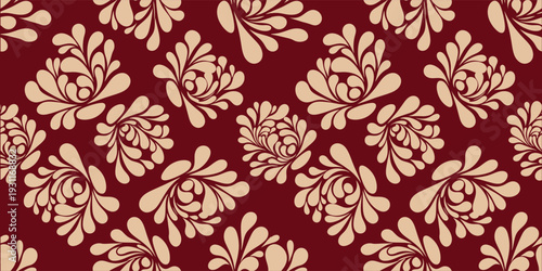 Seamless red floral ornamental pattern with cream stylized blossoms. Elegant vintage decorative design on rich background. Repeating classic texture ideal for wallpaper, fabric .