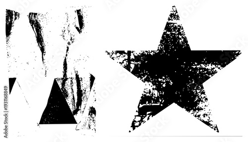 Distressed star shape with gritty texture, abstract geometric forms, vector art, halftone grainy effect, graphic design elements.