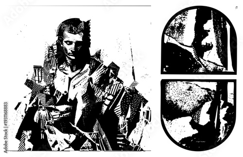 Stylized warrior in armor holding swords, halftone shading, comic book art, graphic novel character, medieval fighter, vector illustration, bold, high contrast.