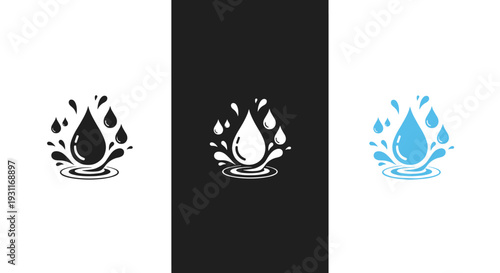 Water drop splash icon set in blue, black, and white colors for plumbing, cleaning, nature, and pure liquid beverage designs,