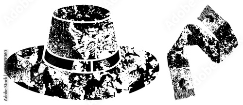 Historical pilgrim headwear and in black and white, textured halftone style, Thanksgiving attire, colonial costume, rustic graphic design.