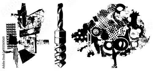 Vector graphic of stylized drill bit, wrench, and gear collage mechanical shapes with halftone texture, isolated technical for design use.