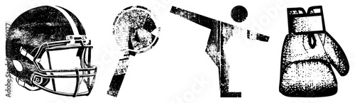 Athletic gear symbols including football helmet, tennis racket, martial artist, boxing gloves, stylized sport, design, isolated graphics.