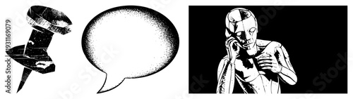 Graphic elements including a pushpin, speech bubble, and robotic figure in halftone style, vector art, communication, isolated symbols for UI or comic use.