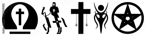 Religious and mystical symbols rendered in bold black silhouette tombstone, knight in armor, hanging crucifix, abstract goddess, pentagram in circle. Flat vector design, symbolic.