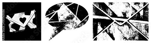 Bold black and white graphic design featuring fragmented shapes, halftone, and textured, ideal for modern digital art or print.