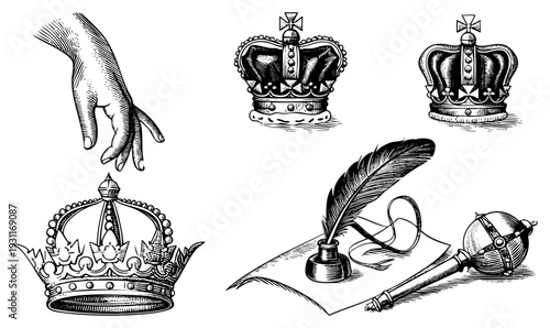 Regal crown illustrations, hand gesture, quill pen with inkwell, ceremonial, engraved designs, monarchic.