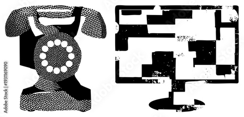 Classic rotary phone with dot matrix dial, pixelated monitor screen, retro tech, digital vintage, halftone style, isolated graphics, tech nostalgia.