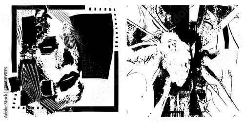 Artistic portrait rendered in halftone, framed by film strip border, with expressive brushstrokes and fragmented forms, evoking retro cinema and graphic design.