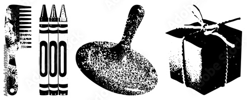 Creative essentials including hairbrush, crayons, artist’s palette, gift box with ribbon, art supplies, craft tools, studio items.