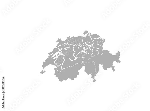Detailed silhouette map illustrating the administrative political divisions and cantons within the European nation of Switzerland isolated on white.