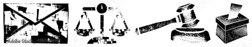 Legal collection including envelope, scales of justice, gavel, ballot box, courtroom symbols, legal system graphics.