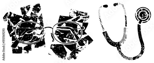 Vintage style glasses and stethoscope rendered in high contrast black and white, distressed texture overlay, medical and scholarly, graphic design element.