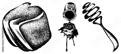 Honeycomb, honey dipper utensil, honey jar pouring viscous liquid, halftone texture, beekeeping essentials, sweetener, vector illustration.