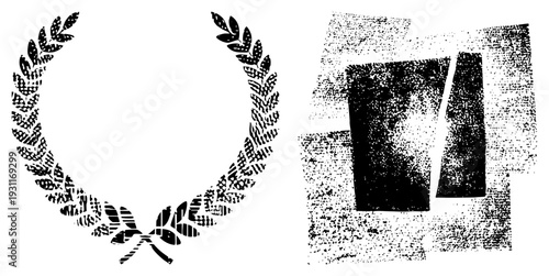 Black and white halftone laurel wreath symbolizing victory or honor, paired with abstract geometric forms, vector graphic, art, isolated design elements.