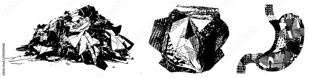 Fototapeta premium Fragmented geometric shapes with intricate, stylized origami like structures, vector art composition, black and white design, artistic abstraction.